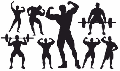 Silhouette of bodybuilders set. Bundle of body builder. 