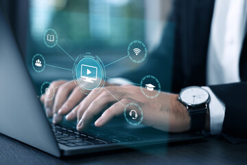 Webinar. Man using laptop at table, closeup. Virtual screen with icons over computer