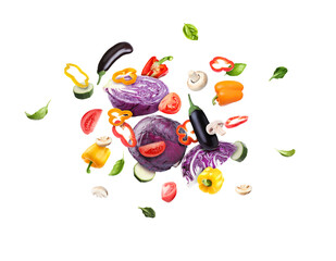 Different fresh vegetables in air on white background