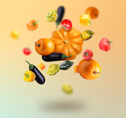 Different fresh vegetables in air on orange gradient background