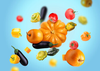 Different fresh vegetables in air on light blue background