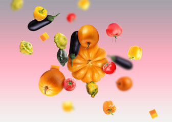 Different fresh vegetables in air on color gradient background