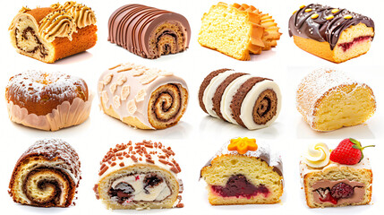 Collage of delicious sponge cake rolls on white background