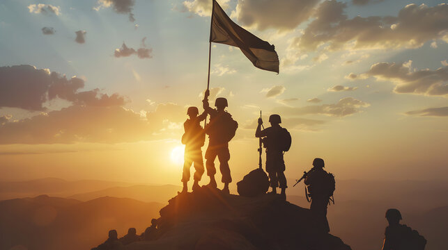 Soldiers raising a flag on a conquered hilltop.


