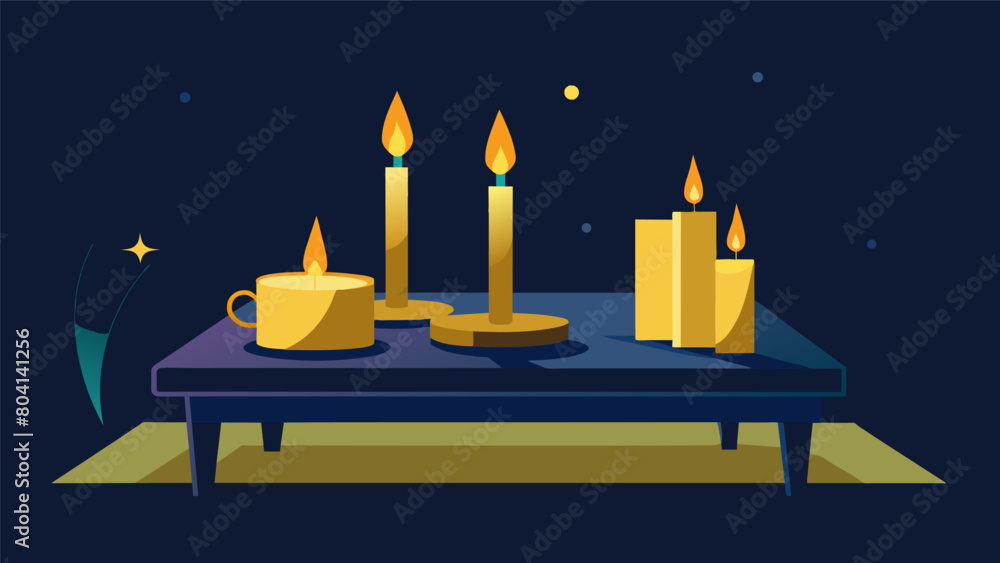 Poster the golden glow of candles on a coffee table inviting you to incorporate stretching into your nightl