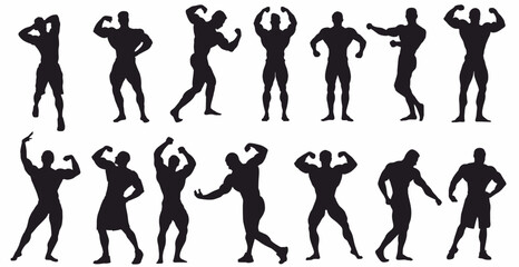 Group of body builder with different pose on white background. 