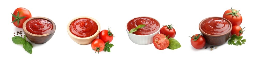 Tasty ketchup in different bowls, fresh tomatoes and spices isolated on white, collage. Red sauce