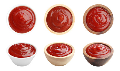 Collage of tasty ketchup in different bowls isolated on white, top and side views. Tomato sauce