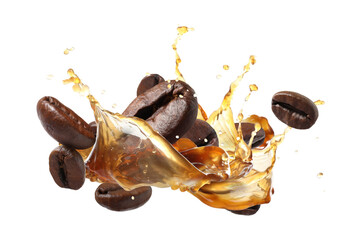 Coffee splash and roasted beans in air on white background