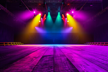 A stage with bright lights and wooden floor.