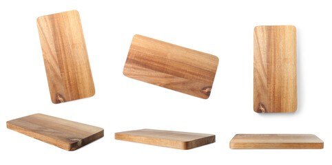 Wooden cutting board isolated on white, views from different angles