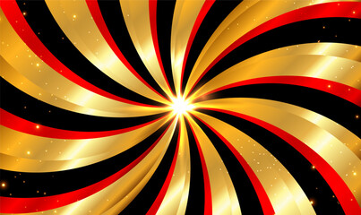Abstract golden light rays luxury background with spiral stripes and sparks. Sunburst background with Gold, Red and Black ray. Vortex spiral twirl. Rotating. Magic, festival, circus poster. Vector.