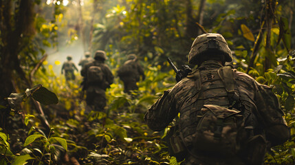 Soldiers training in a dense forest setting.


