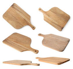 Wooden cutting board isolated on white, views from different angles
