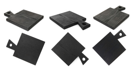 Black wooden cutting board isolated on white, views from different angles
