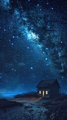 A small house is shown in the middle of a starry night sky