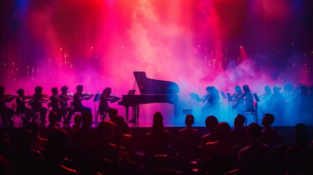 Grand Piano With Full Symphony Orchestra Performing On Stage Under Red And Blue Lights In Front Of Audience