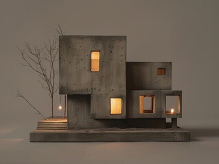 A model of a house with a tree in front of it