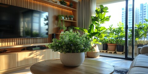 Living room in apartment, sofa, tea table, TV shelf, balcony, flower pot on TV shelf, indoor green plant pot. Generative AI.