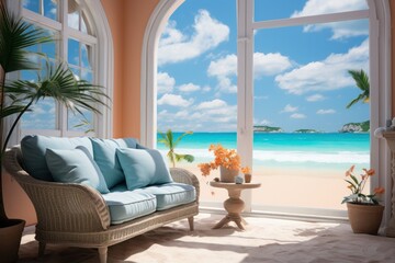 Beachfront Living Space with Ocean View. A luxurious beachfront living area with a wicker sofa adorned with light blue pillows, overlooking a stunning ocean view through large open windows.
