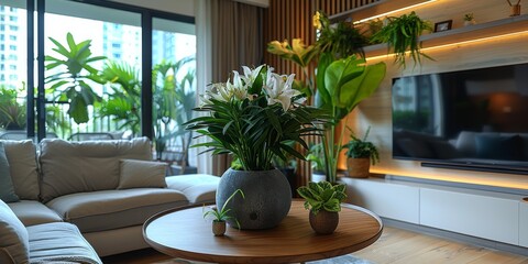 Fototapeta premium Living room in apartment, sofa, tea table, TV shelf, balcony, flower pot on TV shelf, indoor green plant pot. Generative AI.