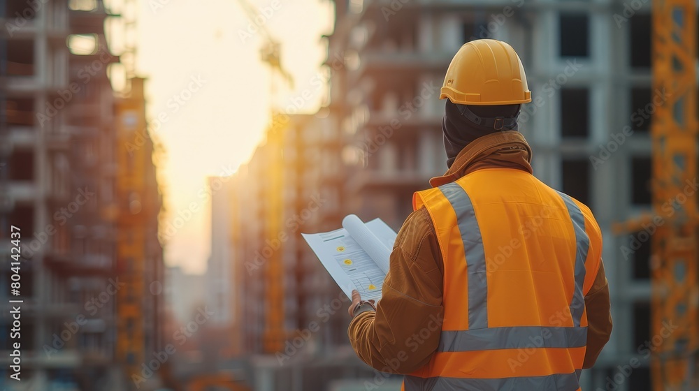Poster rear view. construction engineer standing with blurry construction works background. generative ai.