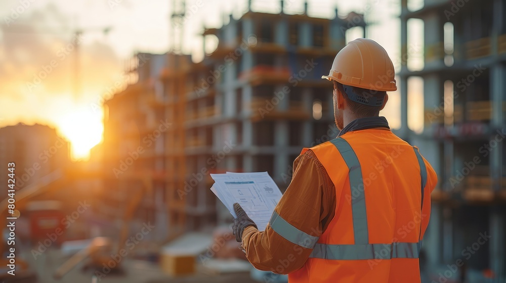 Poster rear view. construction engineer standing with blurry construction works background. generative ai.
