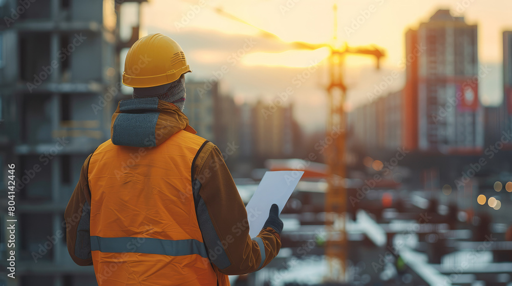 Poster rear view. construction engineer standing with blurry construction works background. generative ai.