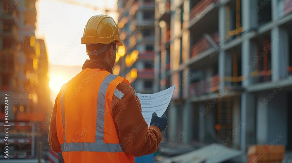 Poster rear view. construction engineer standing with blurry construction works background. generative ai.
