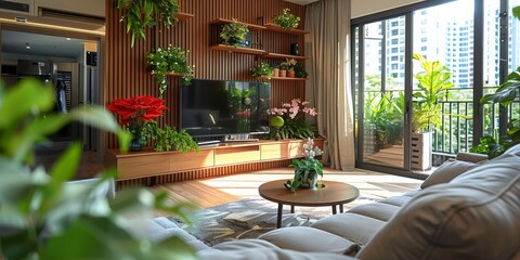 Fototapeta premium Living room in apartment, sofa, tea table, TV shelf, balcony, flower pot on TV shelf, indoor green plant pot. Generative AI.