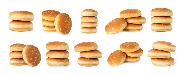 Stacks of fresh burger buns isolated on white, collage