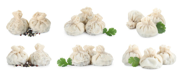 Delicious khinkali (dumplings) isolated on white, set