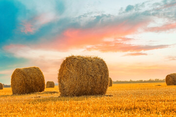 Hay bales in golden field under beautiful sky at sunset