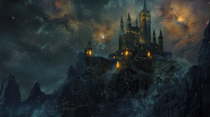 A castle is shown in the night sky with snow falling