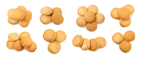 Fresh burger buns isolated on white, top view