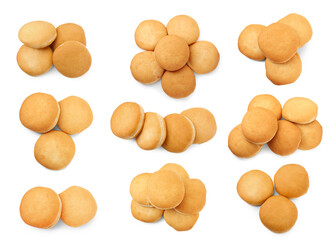 Fresh burger buns isolated on white, top view