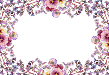 Hand drawn watercolor illustration botanical flowers leaves. Mauve pansy viola violet, purple bergenia heliotrope lungwort angelonia bacopa, sea lavender. Frame isolated on white. Wedding, cards, shop © Elena