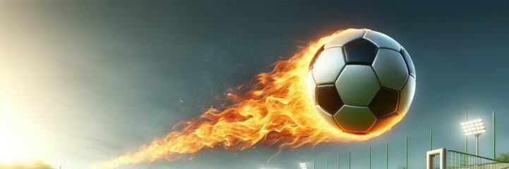 Fototapeta premium Flaming soccer ball at the stadium in the evening, Meteor-Like, World Cup, European Football Championship, UEFA Euro 2024, 2024 Summer Olympics, UEFA Nations League, UEFA Europa League
