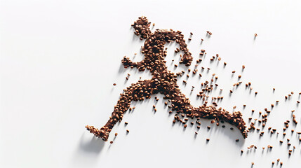 Running man silhouette made of coffee beans.