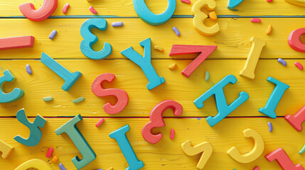 Colorful letters on yellow wooden background. Alphabet