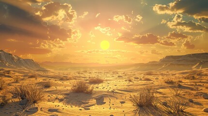 beautiful sunset in the desert with a clear blue sky and golden sand dunes. - Powered by Adobe