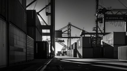 A monochromatic study of the industrial architecture found in a port terminal, with containers stacked high against the skyline and cranes towering overhead