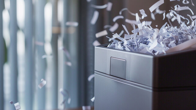 A sleek and compact office shredder in action, destroying sensitive documents securely.