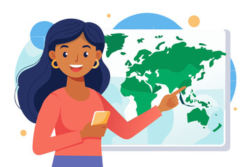 Happy young Indian woman pointing finger at world geography map on wall looking at camera for portrait with toothy smile planning travel vacation enjoying future foreign trip modern flat design simple