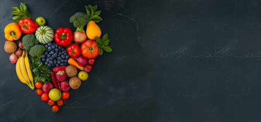 banner,  A heart made of fruits and vegetables. The heart is made of a variety of fruits and vegetables including apples, bananas, broccoli, carrots, and tomatoes
