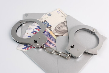 Handcuffs, Ukrainian hryvnias and an envelope. The concept of financial dependence.