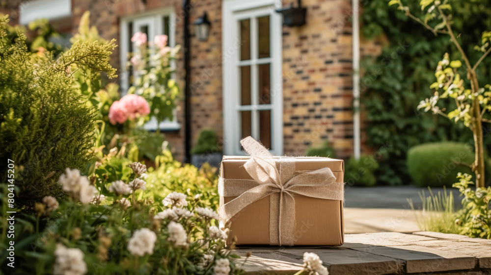 Poster Elegant gift shop delivery, postal service and luxury online shopping, parcel box with a bow on a house doorstep in the countryside, post-processed, generative ai