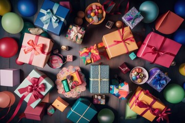 Obraz premium Bright colorful gift boxes with bright color ribbons and bows top view.