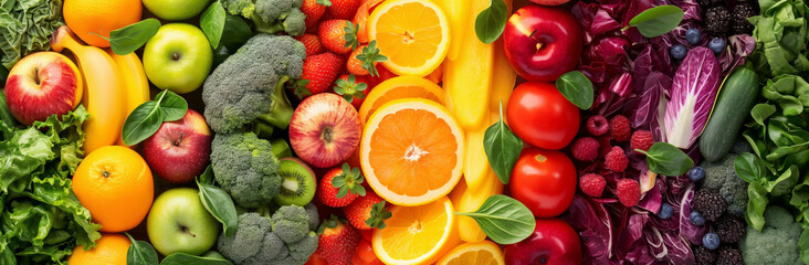 banner, A colorful assortment of fruits and vegetables, including apples, oranges, broccoli, and strawberries. Concept of freshness and health, as well as the abundance of nature's bounty