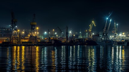 Fototapeta na wymiar A nighttime panorama of an industrial port, with ships illuminated by the glow of streetlights and cranes towering over the scene like sentinels in the darkness